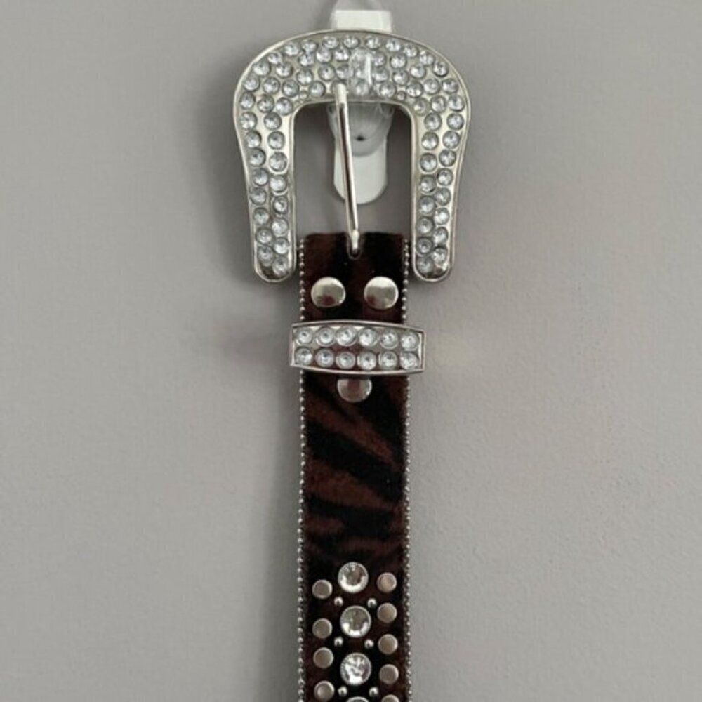 Animal Print Faux Fur Studded Rhinestone Belt - Large, 33.5 - 38.5" Waist - Picture 8 of 12